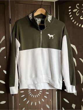 Victoria's Secret PINK Olive Green and White Half-Zip Sweater